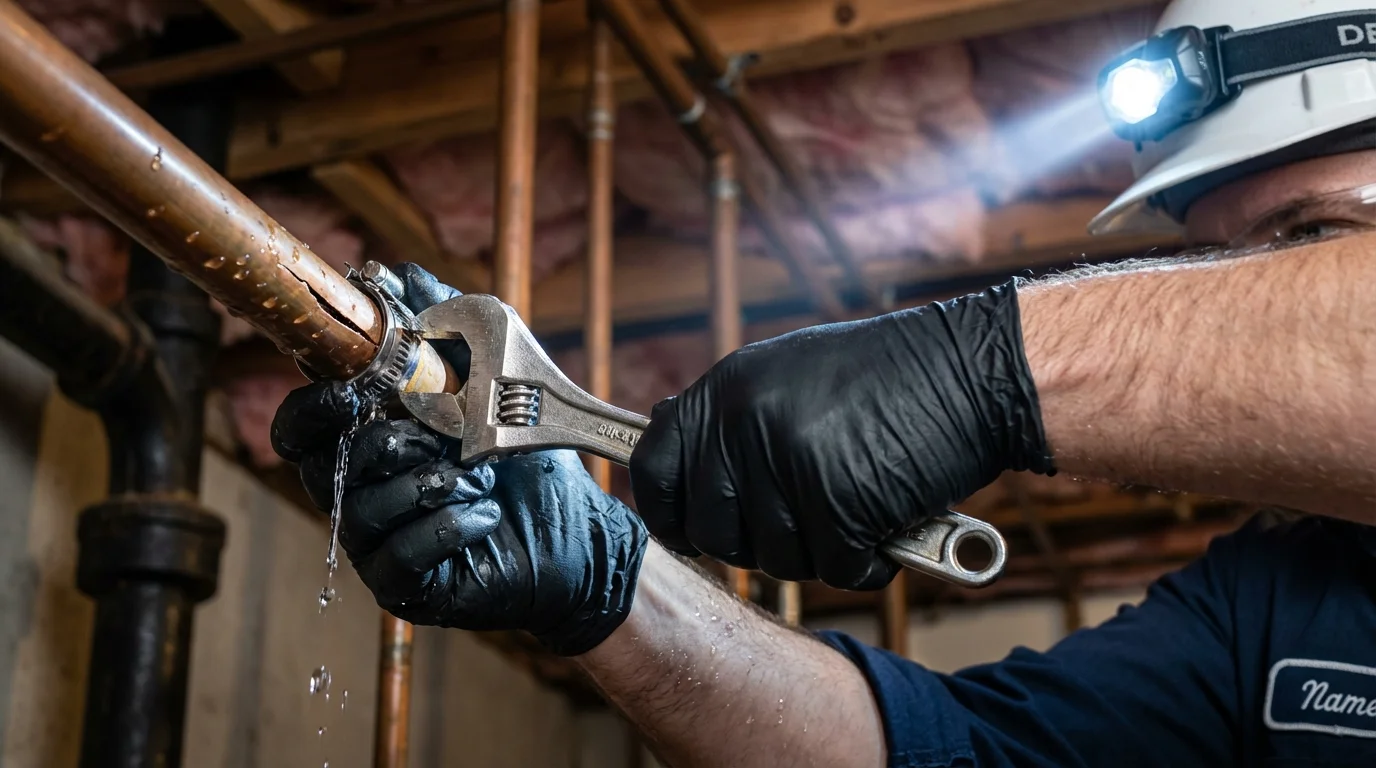 Emergency pipe clamp repair being performed by a Johns Plumbing LLC plumber in Melbourne Beach
