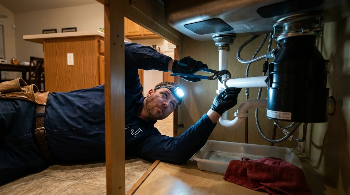 P-trap and supply line connections under a kitchen sink showing a common leak point in Melbourne Beach, FL